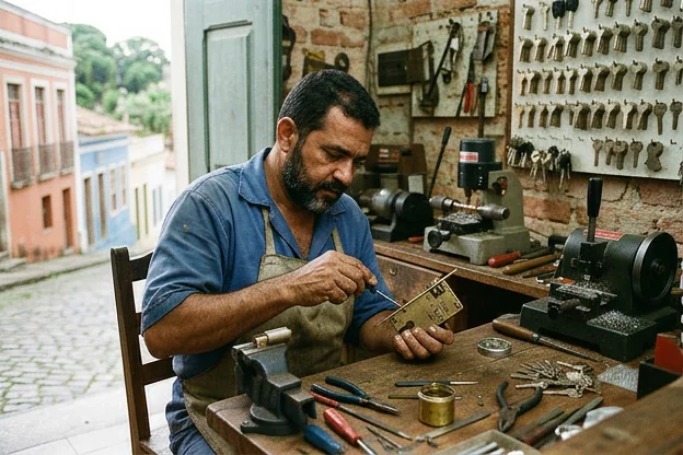 Profissional de chaveiro cuidando de chaves e fechaduras em Olinda.