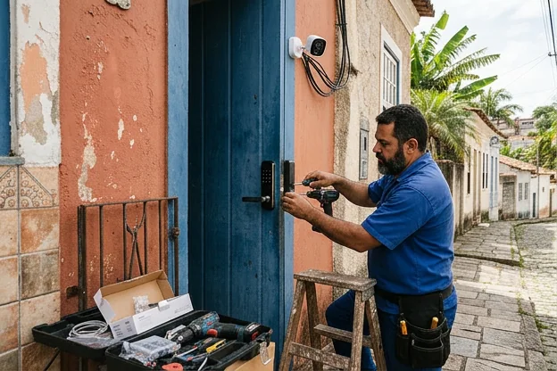 Profissional instalando sistema de segurança em uma residência em Olinda.